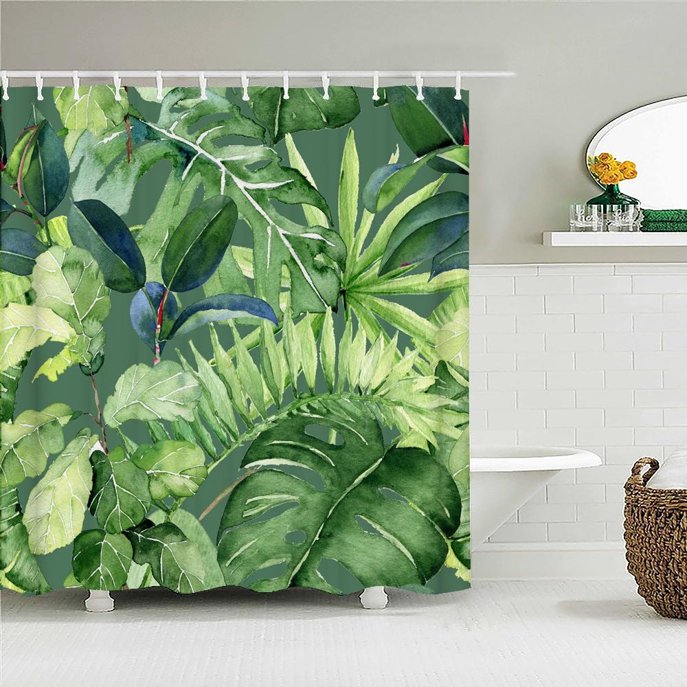 Green Leaves Plant Palm Leaf Pattern Bath Curtain Waterproof Fabric Shower Curtains 180X180Cm Bathtub Screen For Bathroom Decor