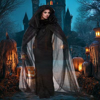 Yousheng Halloween Gaze Umhang mit Kapuze Erwachsener Bodenlang Durchsichtiges Netz Kapuzenumhang Halloween Hexe Cosplay Kostüm für Renaissance Mittelalter Party