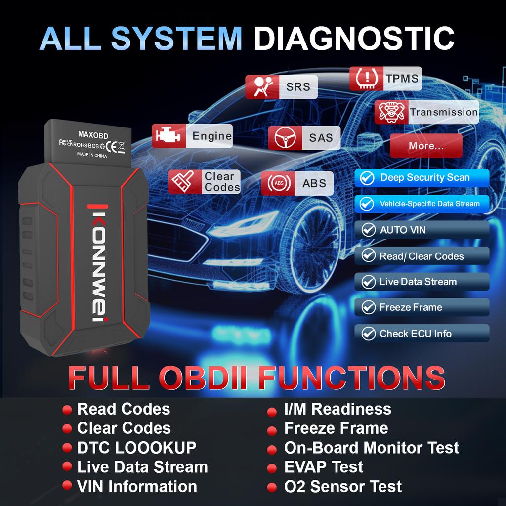 2026 MAXOBD KONNWEI Nástroj pro diagnostiku závad celého systému automobilu OBDII Hloubkové skenování Bluetooth připojení Monitorovací systém OBD2 Skenovací nástroj