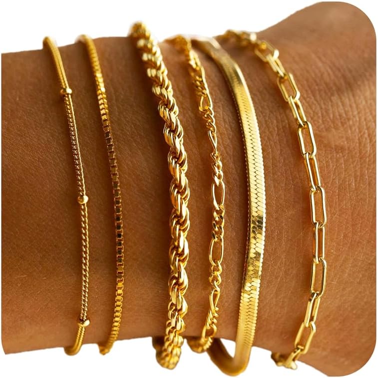 Gold Bracelets Sets for Women Waterproof | Non Tarnish Gold Plated Cuban Paperclip Link Chain Stackable, Trendy Jewelry Accessories Gifts for Women