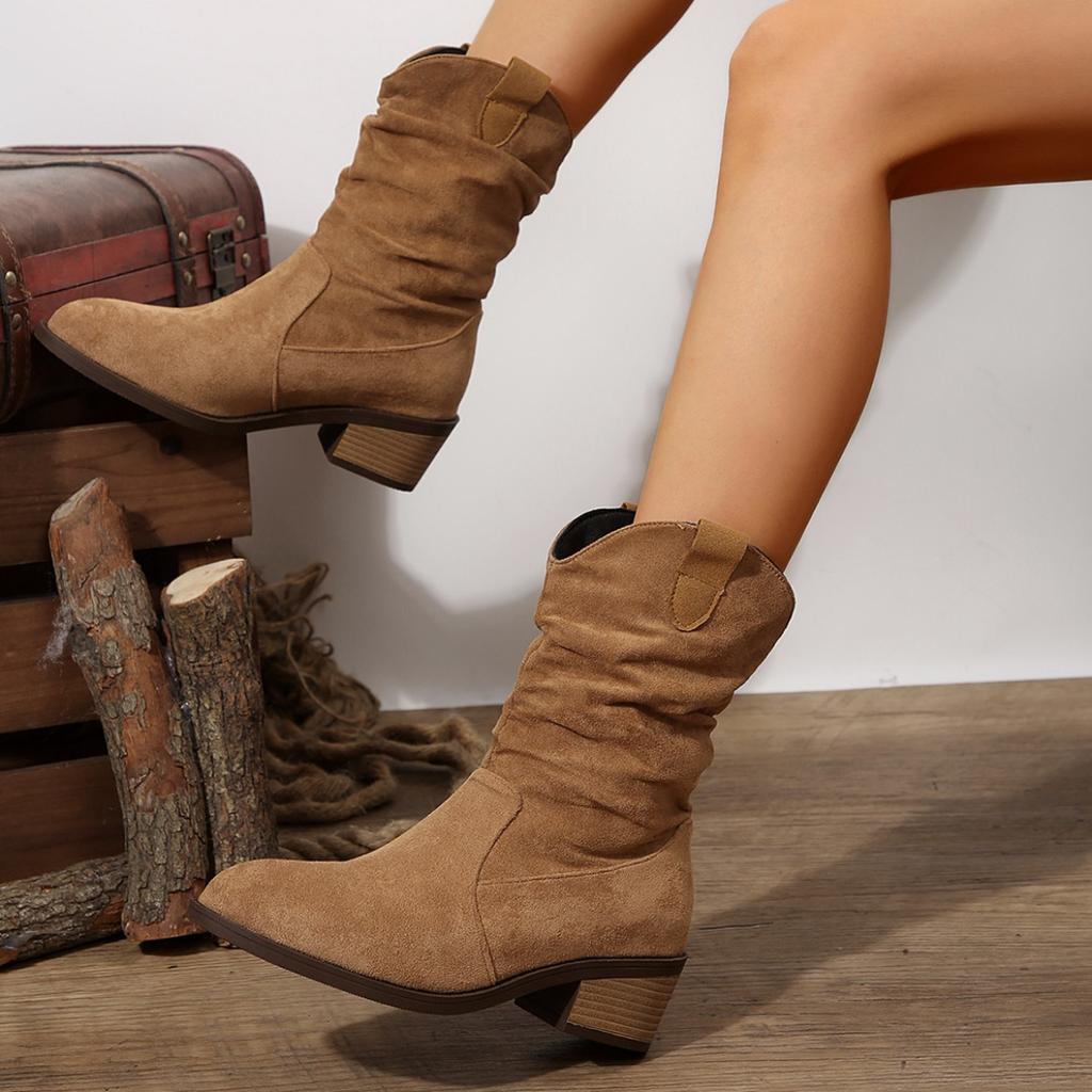 Fashion Women's Pleated Mid-heeled Ankle Boots for Women Autumn/winter Pointed Square Heel Design Comfortable Women's Boots Sizes 36-43