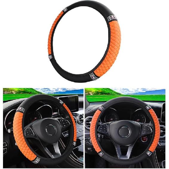 Bling Car Steering Wheel Cover, 15 Inch Rhinestones Soft Leather Elastic Steering Wheel Protector, Sparkly Crystal Diamond For Women Girls, Car