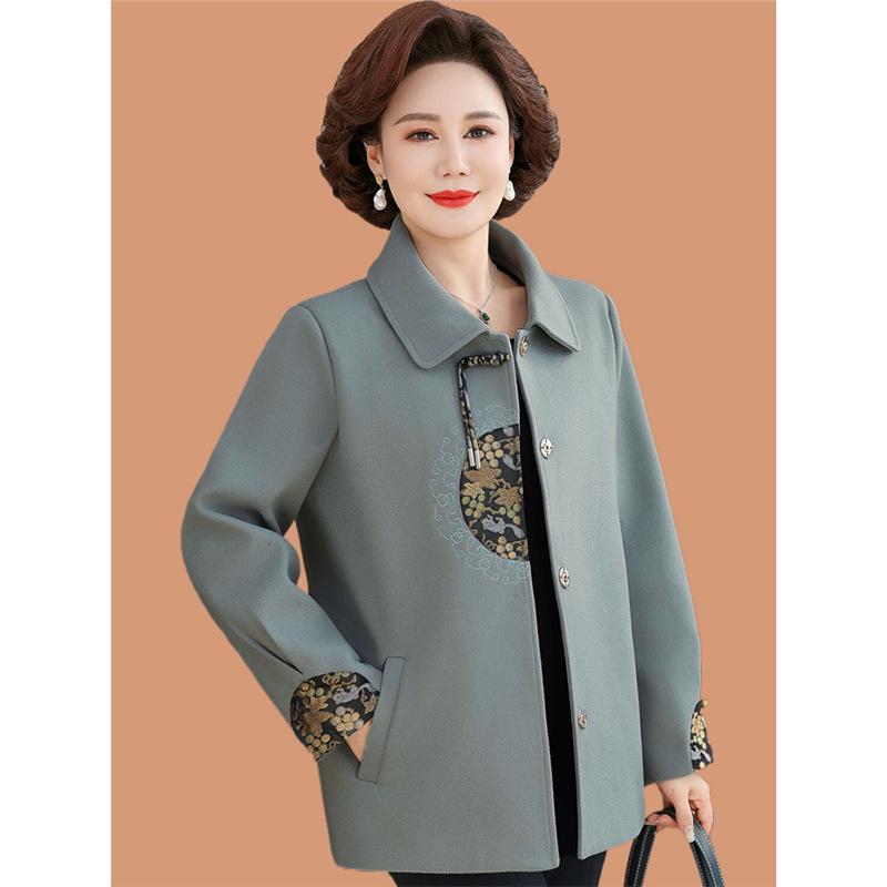2025 New Spring Woolen Coat for Moms: Chinese Style Turn-Down Collar Top for Middle-Aged and Elderly Women's Fashion.