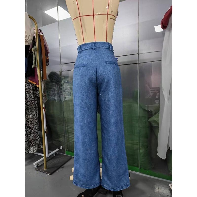 American Style Loose Irregular Splicing High Waisted A-line Wide Leg Jeans Women Spring