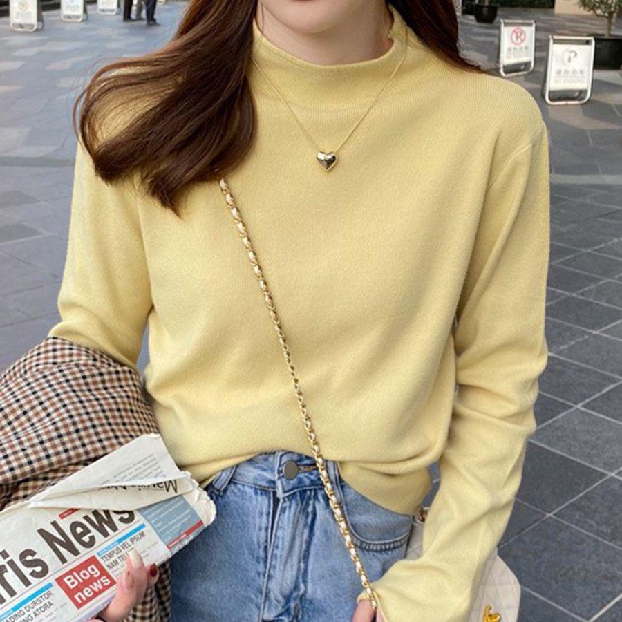 Women's 2024 Black Mock Neck Sweater: Base Layer for Spring & Autumn, Loose Half-High Neck Top.