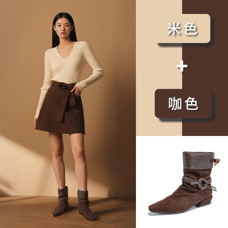 2025 autumn and winter new wasteland wind fringed short boots women's casual thick heel thin pile boots versatile foreign style Martin boots