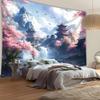 2D Japanese Waterfall Tapestry Cherry Blossoms and Ancient Temple Wall Hanging