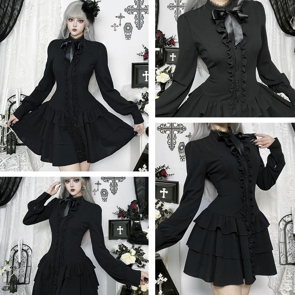 KLGIRL Gothic Black Gothic Halloween and Yami Mini Sweet Retro Stage Size L Dress, Cosplay, Lolita, Costume, Dark, Harajuku, Kawaii, Dress, Lolita,