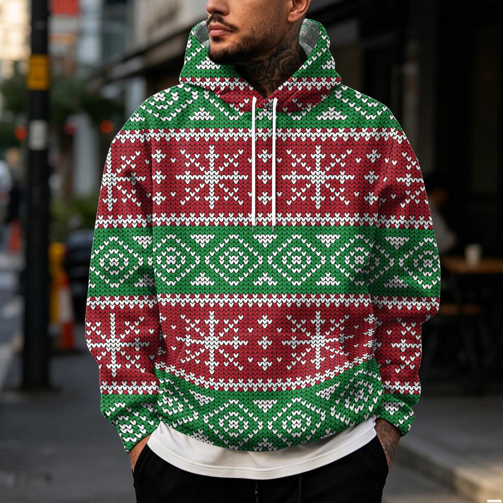 Men's Casual Loose Fit Hooded Sweatshirt with Christmas Print and Large Pockets