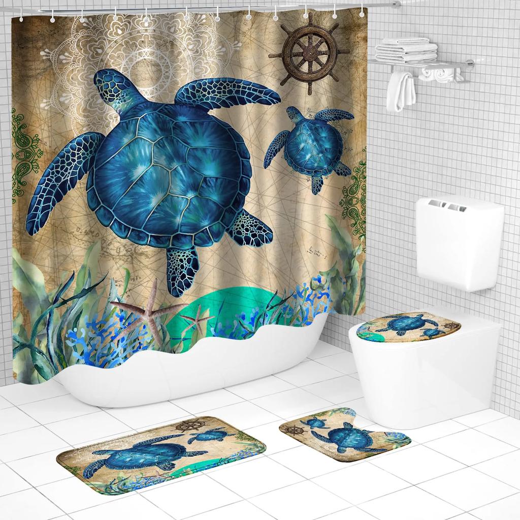Sea Turtle Shower Curtain Set Bathroom Rug And Accessories Ocean Nautical Shower Curtain Set With Hook Durable Waterproof Fabric