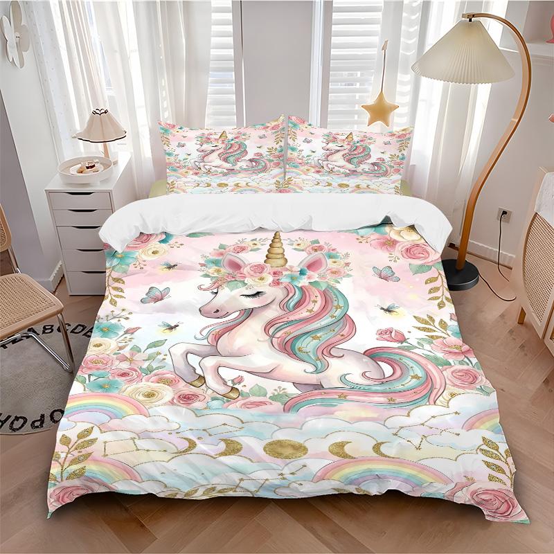 Fantasy Unicorn Garden Print 3Pcs Bedding Setduvet Cover With 2 Bedropillowcase Home Birthday Gift