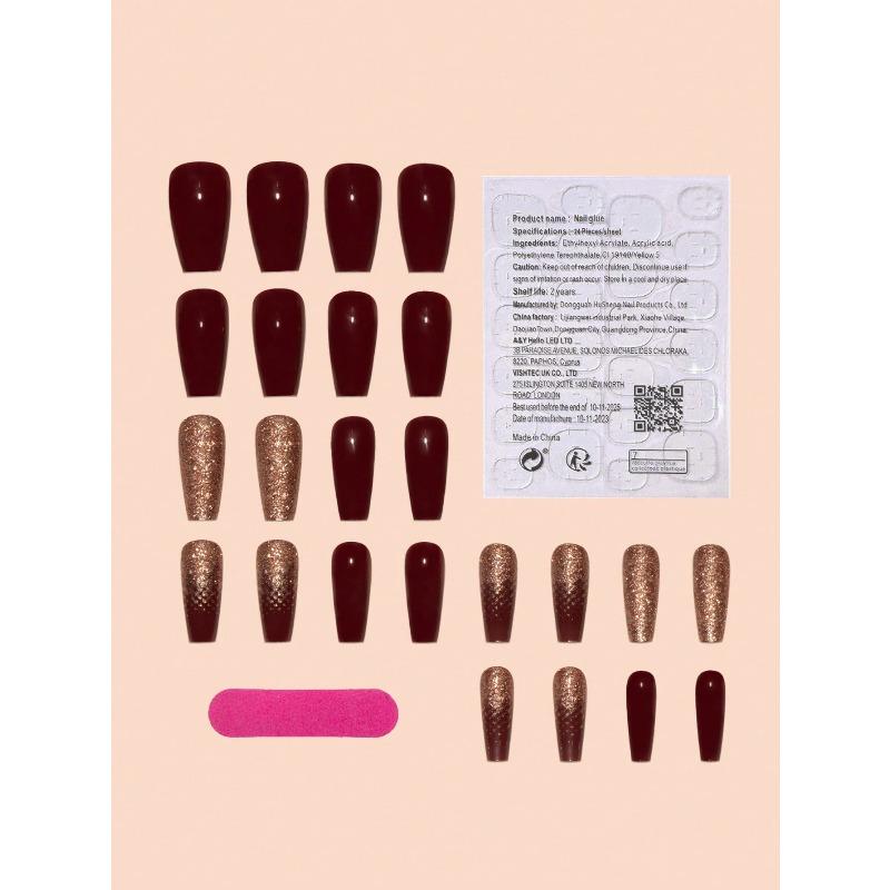 Square Press On Nails Set Elegant Burgundy Glitter Fake Nails Fashion Gold Loose Powder Fake Nails Full Coverage Fake Nail Tips for Women