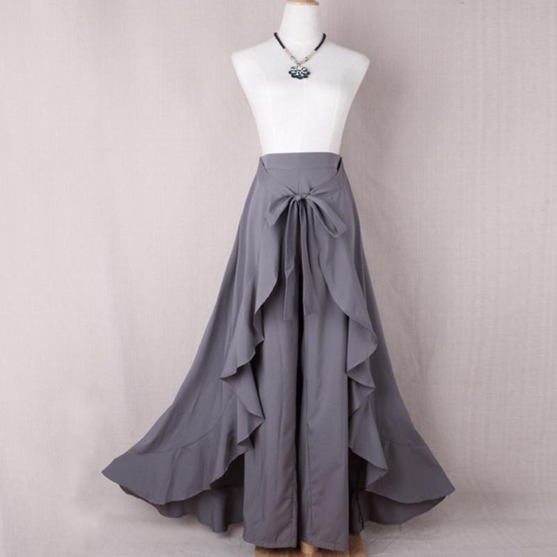 Women Tie-Waist Wrap Skirts Casual Chiffon Ruffle Wide Leg Loose Culottes