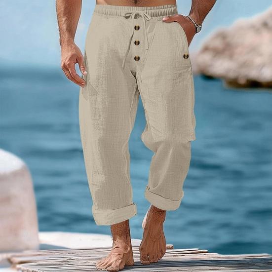 Men's Casual Linen Trousers Elastic Waist Drawstring Baggy Trousers Solid Color Loose Fit Summer Pants with Pockets for Beach Yoga Wear