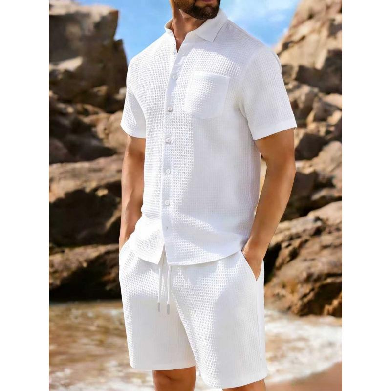 Men's Trendy Waffle Lapel Two-Piece Summer Set