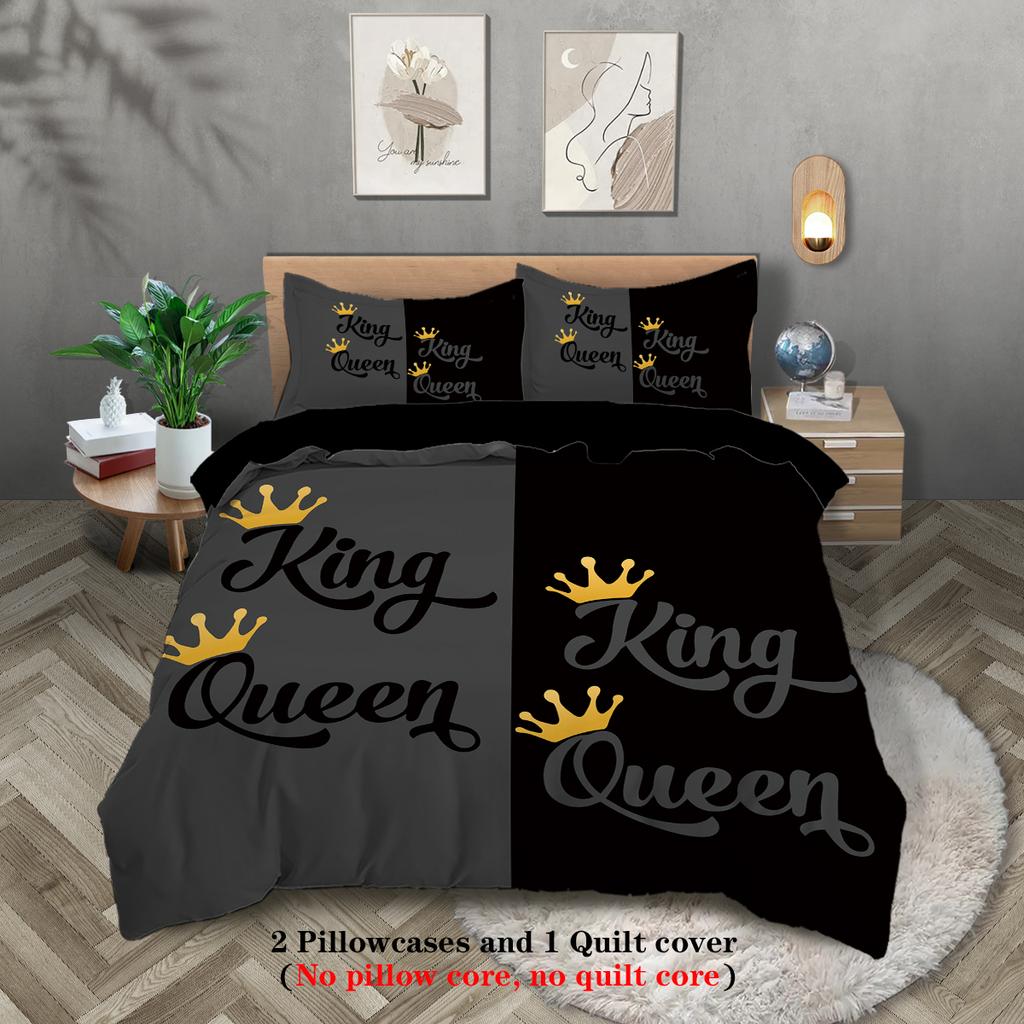 3-piece Couple Black Grey King Queen Pattern Printed Down Duvet Cover (1 piece set+2 pillowcases, no core) Couple Bedding Set