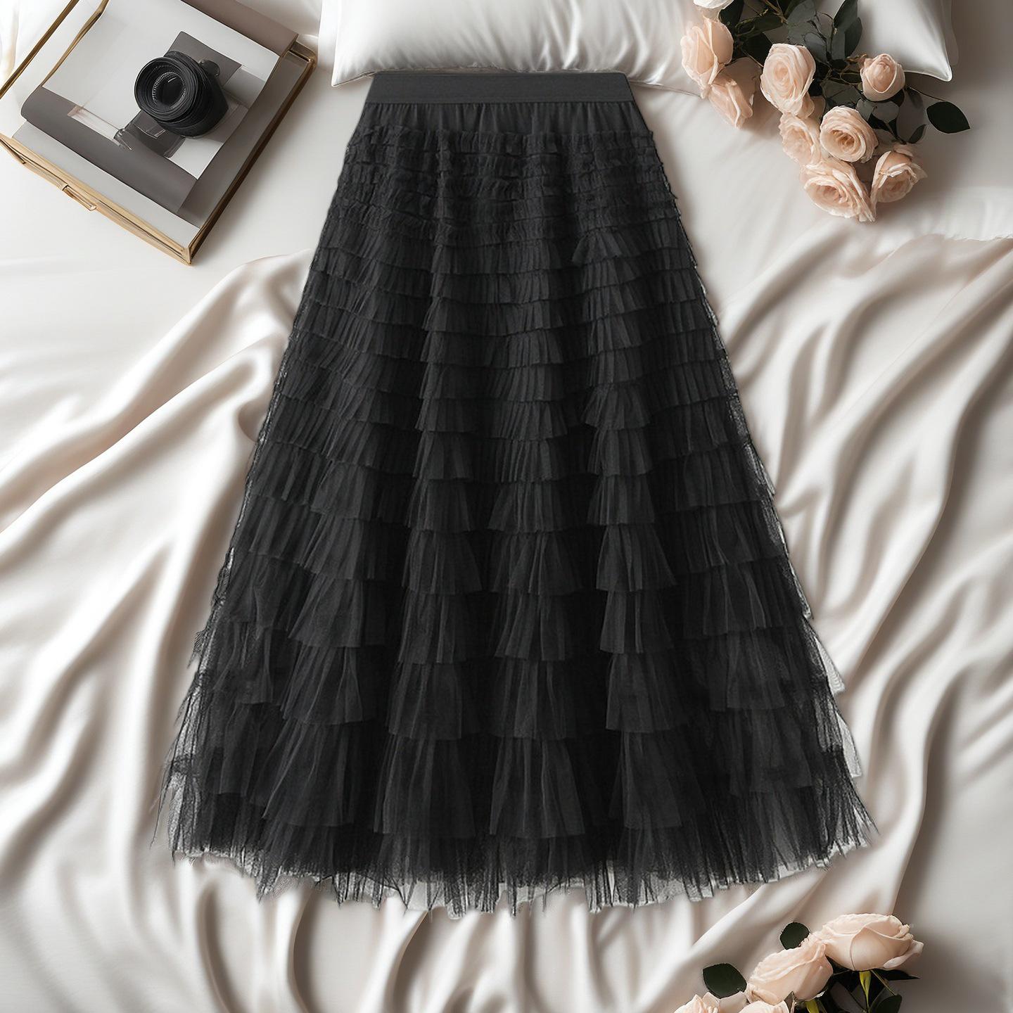 

Elegant French Style Layered Cake Skirt - High Waist, Fluffy Winter Fashion for Women One Size чёрный