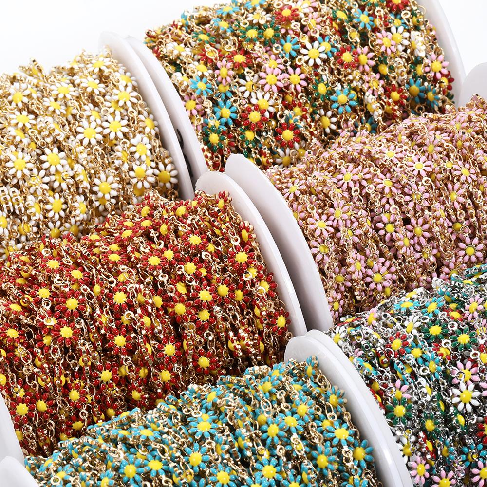 1Meter Daisy Flower Chain Enamel KC Gold Beaded Chains for Necklace Choker Bracelet Earrings DIY Jewelry Making Accessories