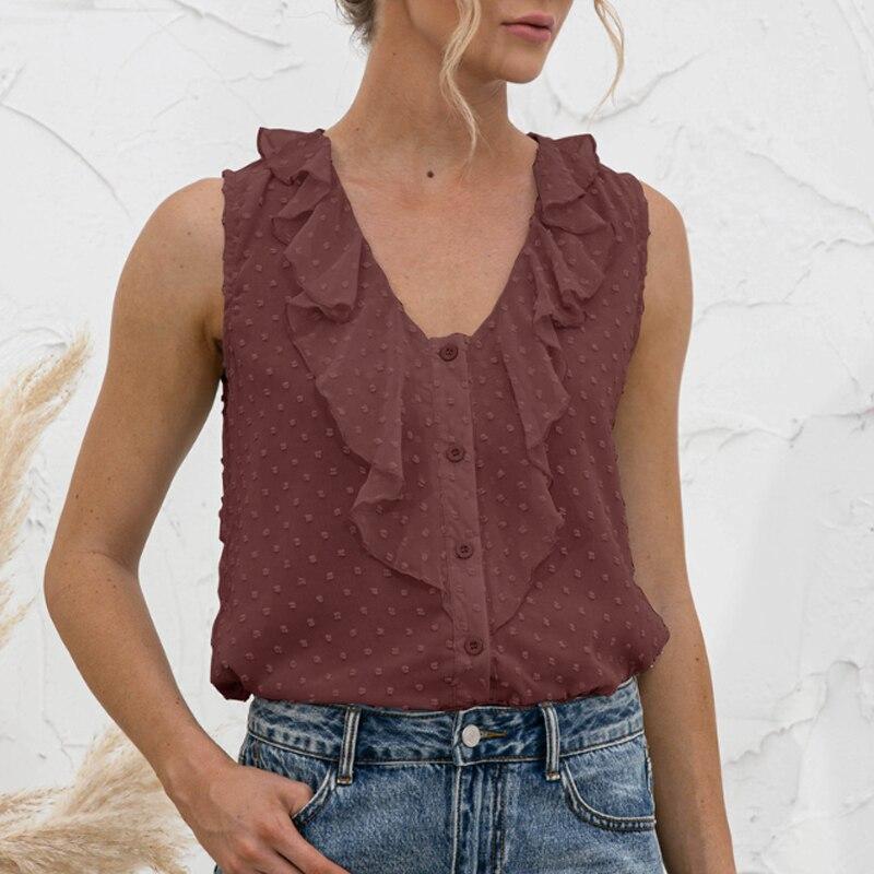 

Весна и лето 2023 года, сексуальная рубашка без рукавов с V-образным вырезом и милыми оборками на пуговицах, женские топы, блузка, повседневная одежда, блузы 25557 XXL темно-коричневого