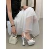 Pesstwei Summer Fashion Peep Toe Women Sandals High Quality Satin Pearl Square Heels Shoes Buckle Strap Zapatos De Mujer