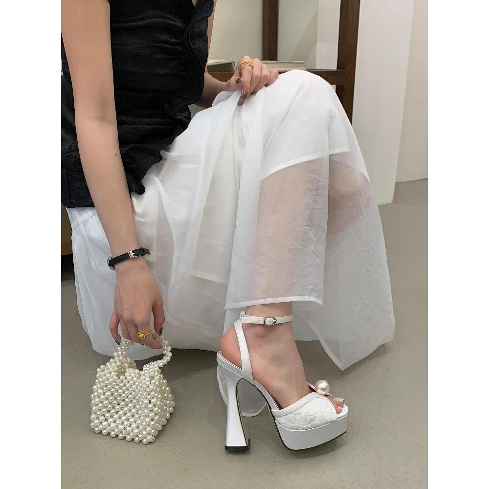 Pesstwei Summer Fashion Peep Toe Women Sandals High Quality Satin Pearl Square Heels Shoes Buckle Strap Zapatos De Mujer