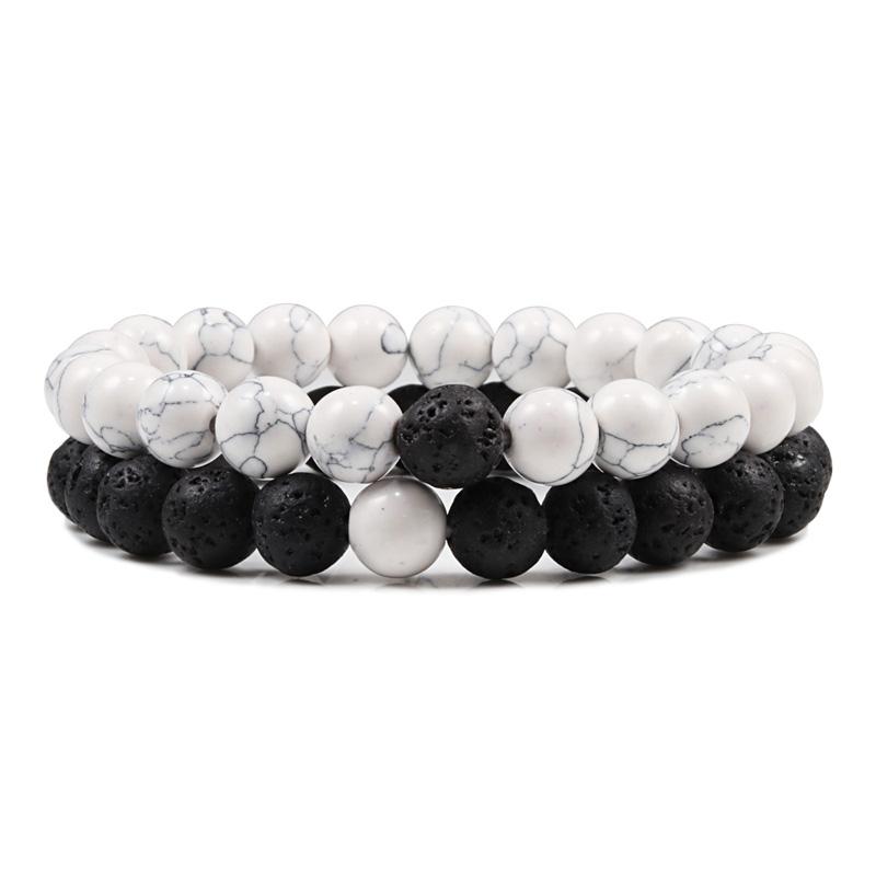 Conjunto pulseira casais distância preto branco natural lava pedra olho de tigre frisado yoga pulseiras para homens mulheres corda elástica jóias