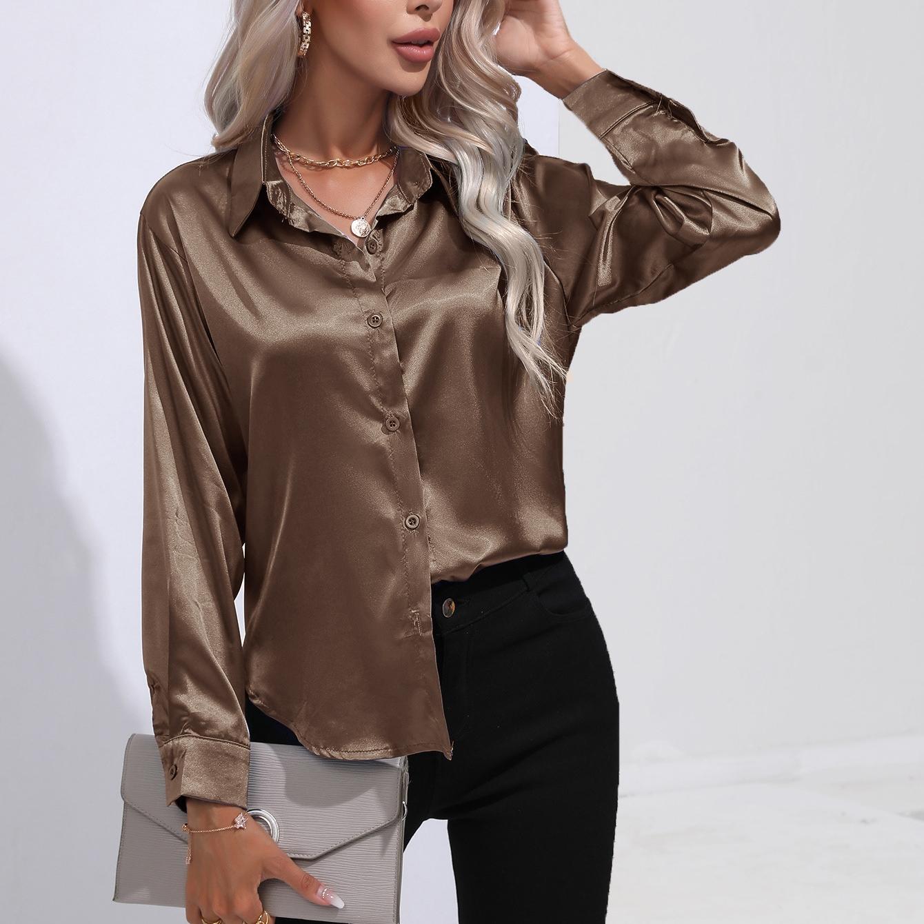 

GMXIA Рубашка Color Ding для женщин из атласа с длинным рукавом из искусственного шелка для весны и лета для женщин XXL темные хаки