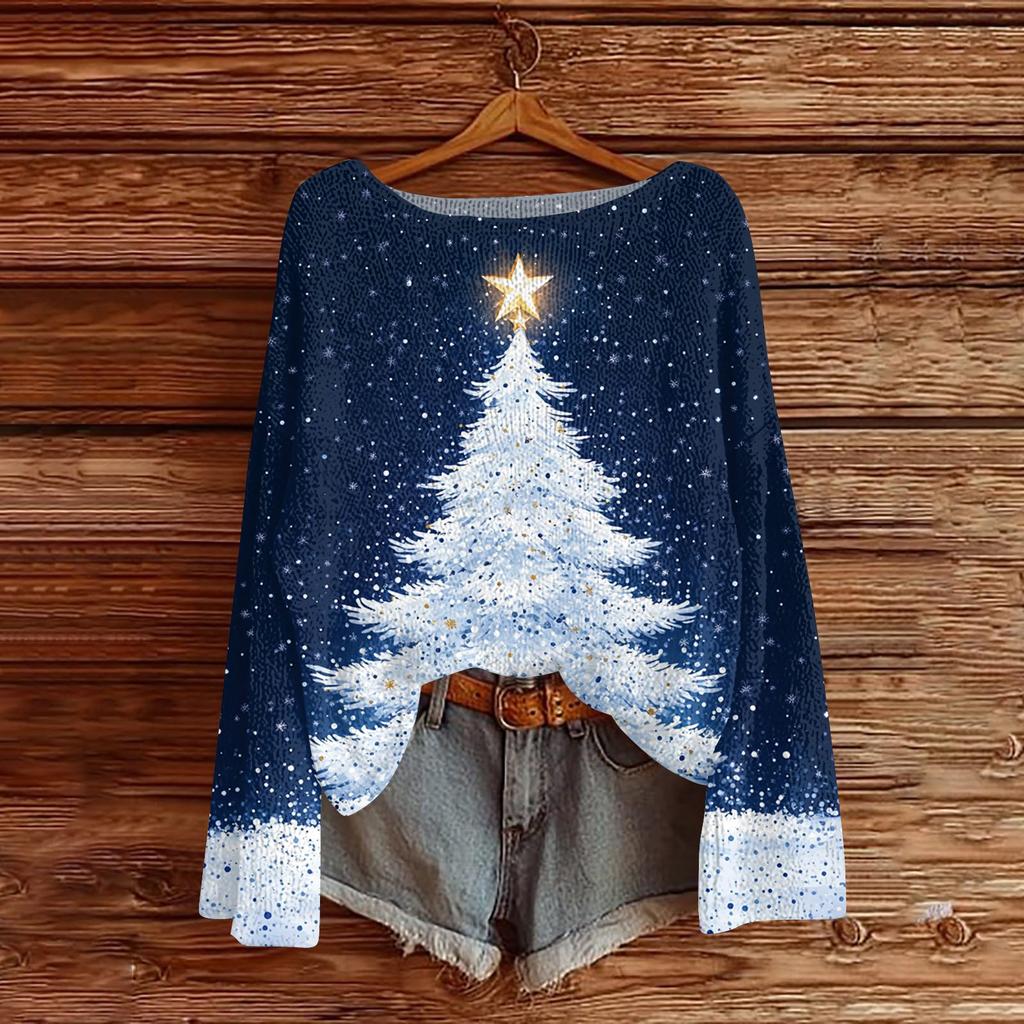 Women's Fashion Round Neck Long Sleeve Christmas Print Casual Pullover Sweater Top