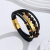 Mens Multi-Layer Braided Leather Cord Bracelet With Stainless Steel Cross Tiger Eye Bead Adjustable Wristband