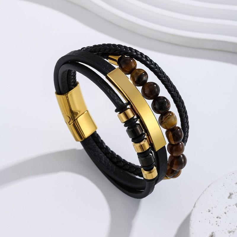 Mens Multi-Layer Braided Leather Cord Bracelet With Stainless Steel Cross Tiger Eye Bead Adjustable Wristband