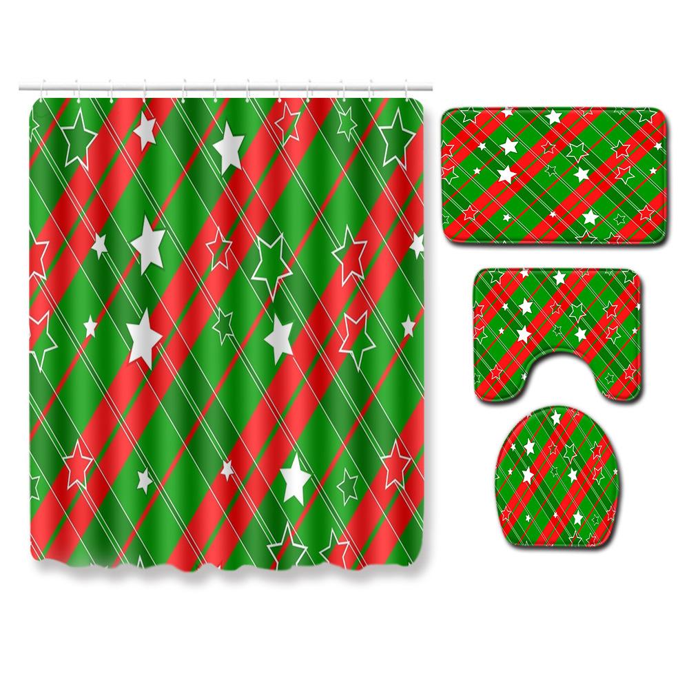 Christmas Shower Curtain Floor Mat Combination Four-Piece Set Bathroom Toilet Carpet Shower Room Mat Foot Mat