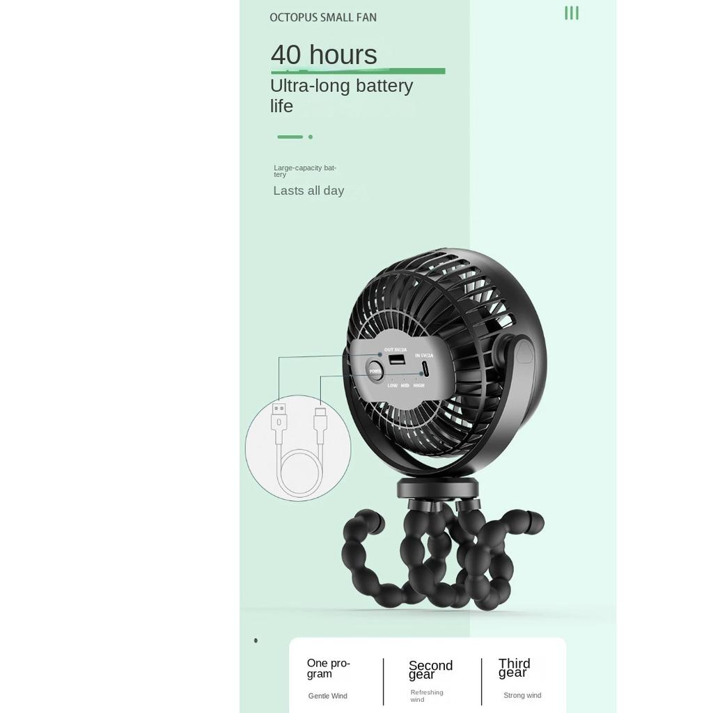 Quiet Octopus Mini Fan, Portable Rechargeable Fan for Baby Stroller & Outdoor