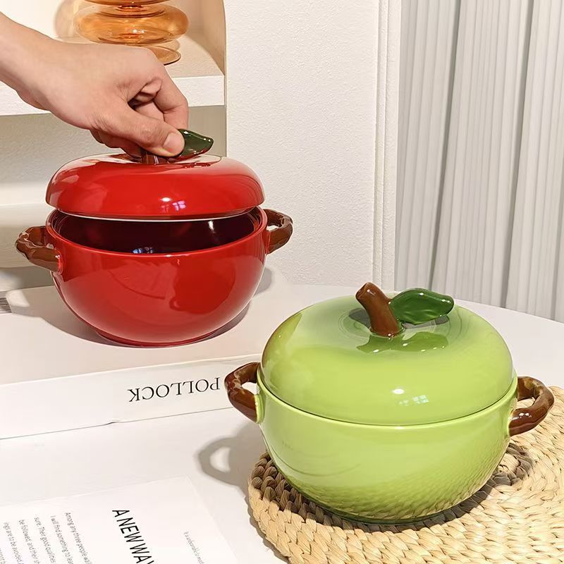 Green Apple Ceramic Binaural Soup Bowl with Cover Household Creative Student Dormitory Instant Noodles Pasta Bowl Tableware