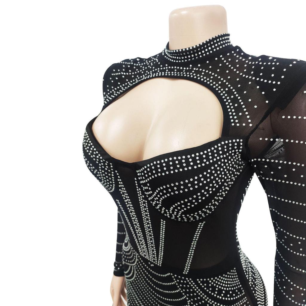 V-neck Long Sleeve Mesh Dress with Hot Drill Accents