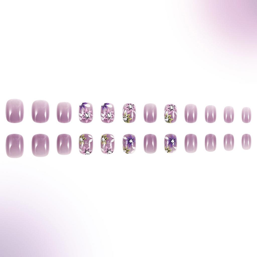 24 Pieces Press On Nail Short Square False Nail Purple Floral French Tips Full Cover Manicure Designs for Women