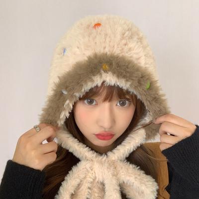 Gestrickte Wollmütze für Damen im Winter Vielseitige Japanische Soft Girl Pelzig Warm Tasche Mütze Großer Kopfumfang Kaltmütze Dick