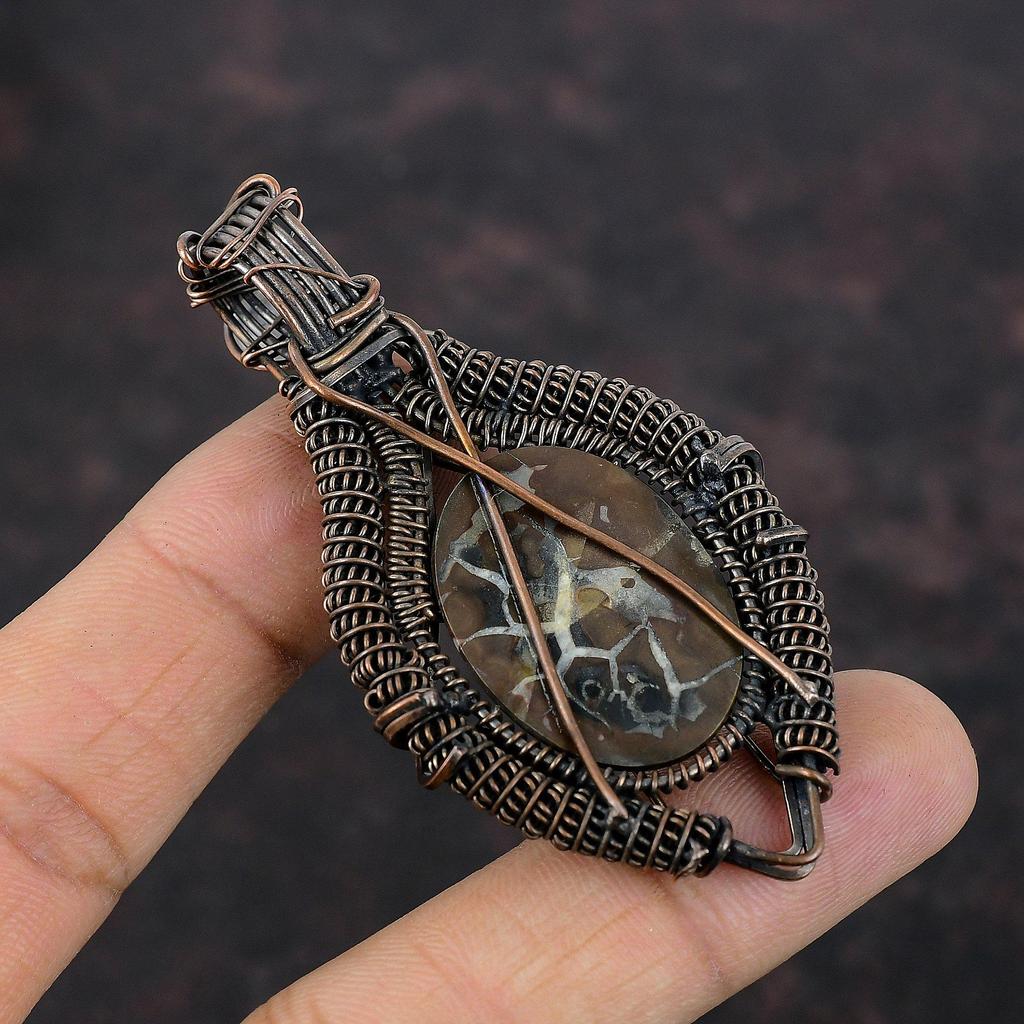 Moroccan Mud Crack Fossil Copper Pendant Wire Wrapped Pendant Handmade Copper Jewelry Moonstone Pendant Dainty Gemstone Jewelry Gift For Her