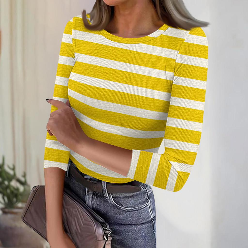 Dam Casual Mode Rundhalsad Randig Tryck Trekvartsärm Ribbad Topp