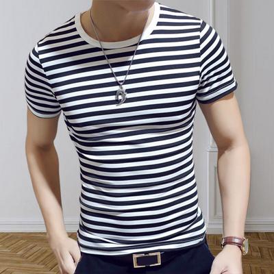 Herren T-Shirt Kontrastfarbe Rundhalsausschnitt Kurze Ärmel Streifenmuster Formell Sommer Basis Oberteil Männliche Kleidung