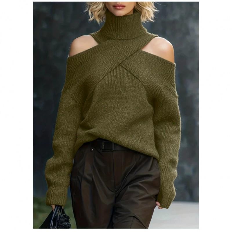 Womens Oversized Knit Sweater With Asymmetrical Cross-Shoulder Design High Neck Long Sleeve Loose Fit Top