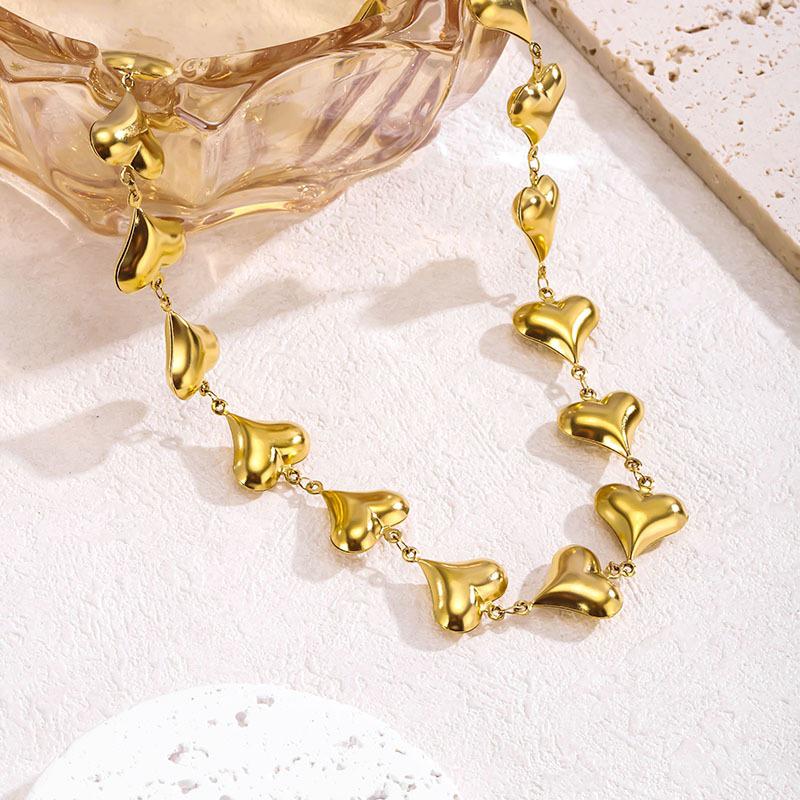18K Gold Heart Necklace & Bracelet Set for Women – Stainless & Titanium Steel, Hip Hop Style.