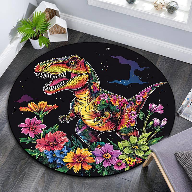 Colorful Dinosaur Round Area Rug,Carpet Rug for Living Room Bedroom Sofa Playroom Decor,Non-slip Floor Mat
