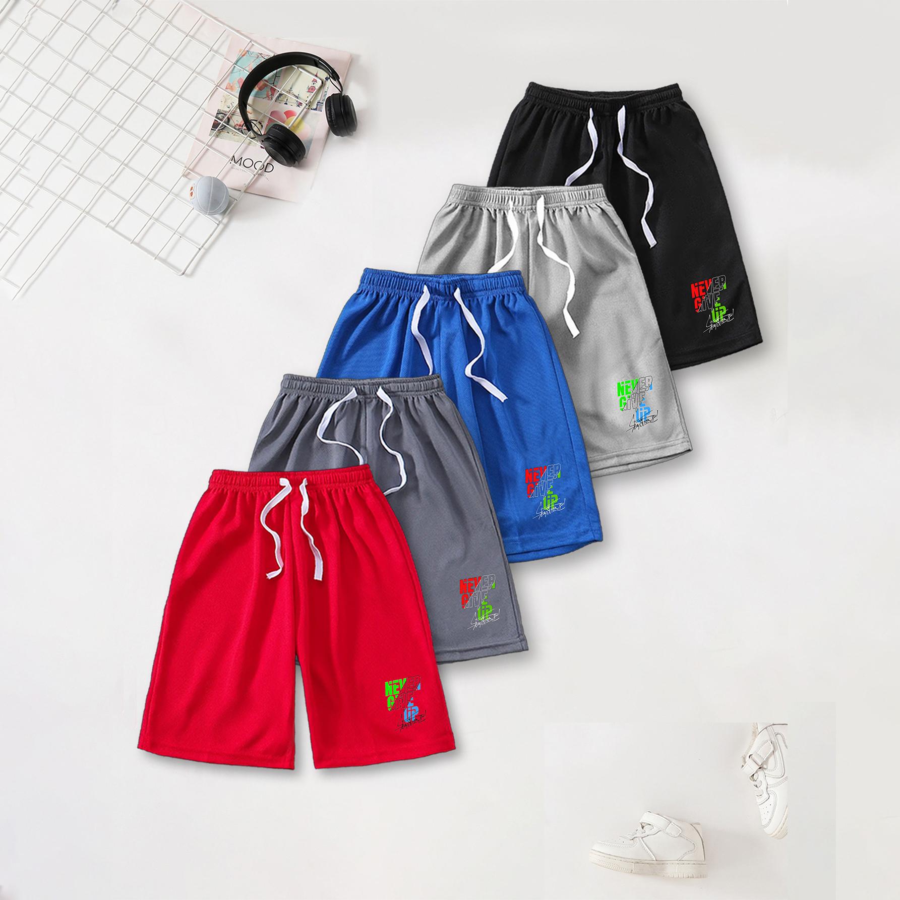 Kids Summer Shorts | Color Block Stacked  Never Give Up  Street Font Print | Breathable Drawstring 120 чёрный/синий