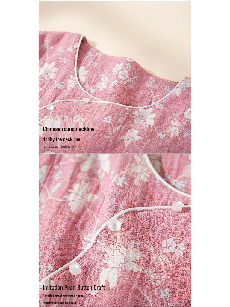 Women's Spring/Summer Red Jacquard Cotton-Linen Pajamas Set with Zodiac Design - Long Sleeve and Pants