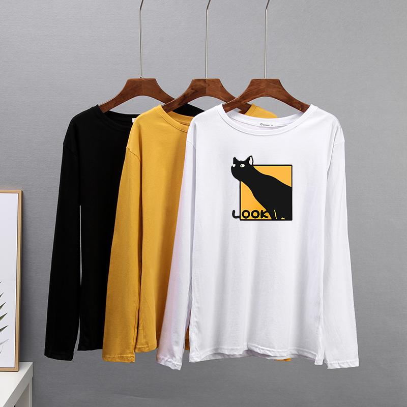 Hirsionsan Casual Loose T Shirt Women Spring New Simple Cute Cat O-neck Tees Female Fashion Long Sleeve All-match Tops for Girls