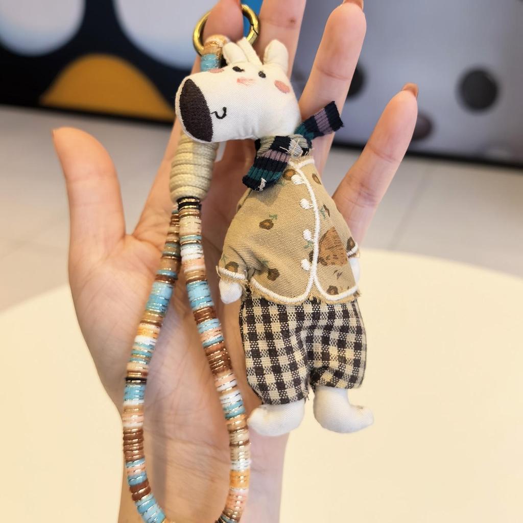 Cute Dressed Hippo Bag Charm, Handmade Fabric Hippo Keychain with Colorful Braided Rope
