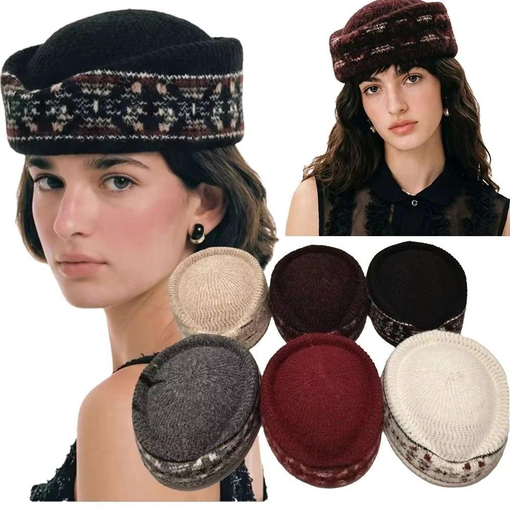 Elegant Fair Isle Pattern Pillbox Hat Jacquard Fedora Hat Fashion Knitted Beret Hat Performances