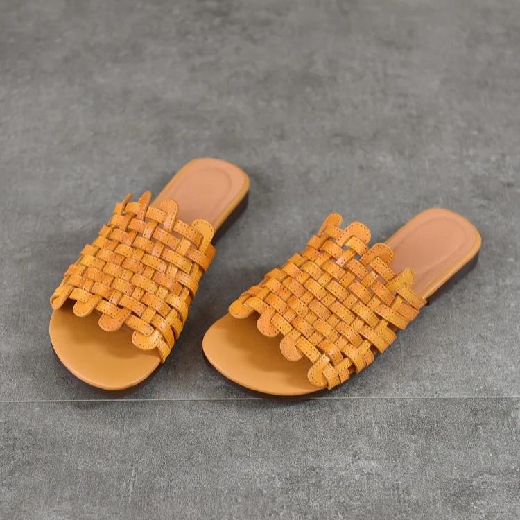 Johnature Chaussons Plats d'Extérieur en Cuir Véritable Tissés à la Main Chaussures Slip-on Décontractées Polyvalentes pour Femmes
