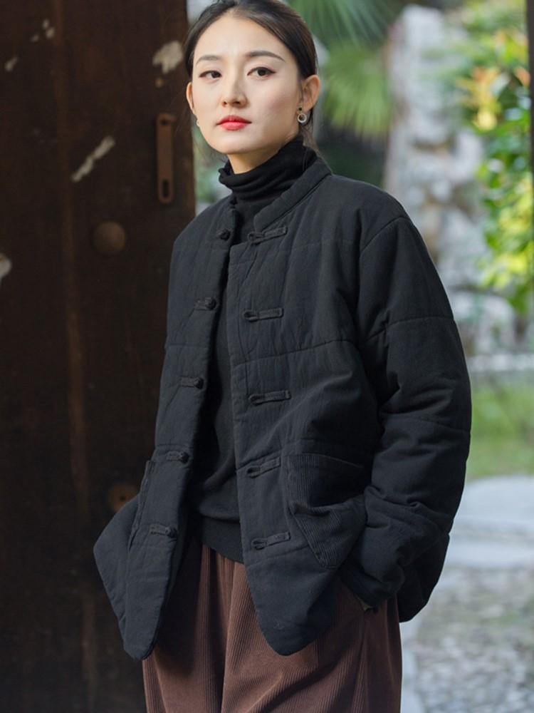 Johnature Women Vintage Patchwork Color Button Pockets Warm Winter Stand Coats Long Sleeve Female Coats