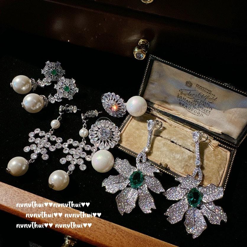 Mojito Green Snowflake Jewel Pearl Earrings, Tahiti, Deep Sea Beads, Bow Zircon, Pearl Earrings